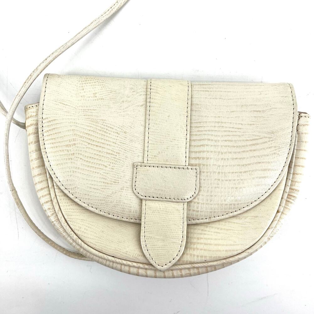 Etra Vintage Cream Leather Crossbody‎ Lined Half Circle Purse